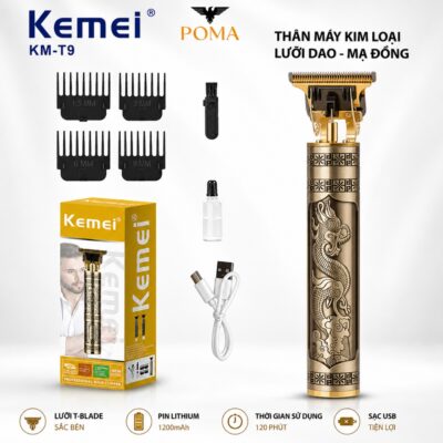 Tông đơ cắt tóc, kẻ viền tại nhà KEMEI KM-T9 thân kim loại, lưỡi cắt kim loại, pin sử dụng 120 phút