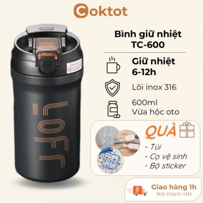 Bình giữ nhiệt 600ml Coktot, ly giữ nhiệt cao cấp có ống hút, lõi inox 316, giữ nhiệt nóng lạnh 6-12 tiếngg