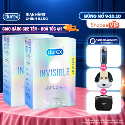 [HỎA TỐC 4H] Bộ 2 Hộp Bao Cao Su Durex Invisible Siêu Mỏng, Size 52 mm, Hộp 16 Bao