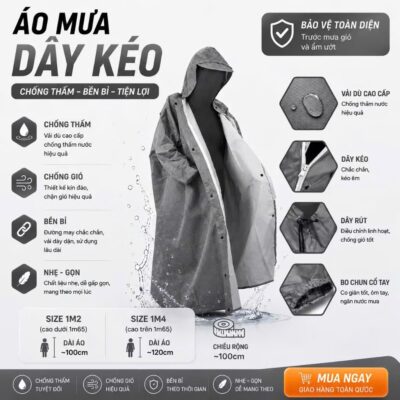 Áo Mưa Cao Cấp; Áo kéo khoá trước. Áo bít. Áo 2 người. chất liệu vải dù da cá vân tổ ong. Chống nước tốt nhanh khô.