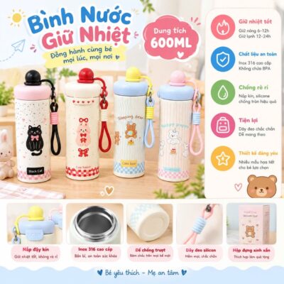 Bình nước giữ nhiệt thép không gỉ 316 dung tích 600ml họa tiết dễ thương có dây đeo tiện lợi. Cốc giữ nhiệt XCUP