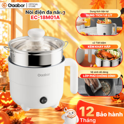 Nồi điện đa năng Gaabor EC-18M01A lẩu điện 1.6L chống dính 600W ăn mì nấu lẩu kèm xửng hấp inox