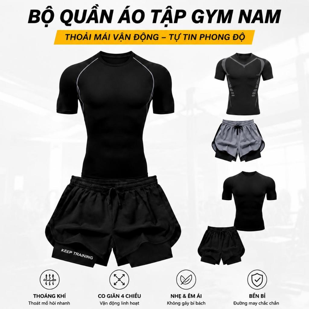 Bộ Quần Áo Tập Gym Nam Kết Hợp Áo Body và Quần Short 2 Lớp Co Dãn 4 Chiều Chất Liệu Thun Lạnh Thấm Hút Mồ Hôi Thoáng Khí Bộ Quần Áo Tập Gym Nam Kết Hợp Áo Body và Quần Short 2 Lớp Co Dãn 4 Chiều Chất Liệu Thun Lạnh Thấm Hút Mồ Hôi Thoáng Khí