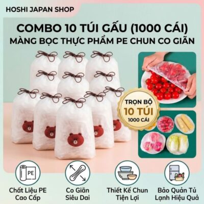 COMBO 10 Túi (Mỗi Túi 100c) Màng Bọc Thực Phẩm PE,Túi Gấu Có Chun Bọc Đồ Ăn Co Giãn Siêu Dai, Bọc Thực Phẩm Tủ Lạnh