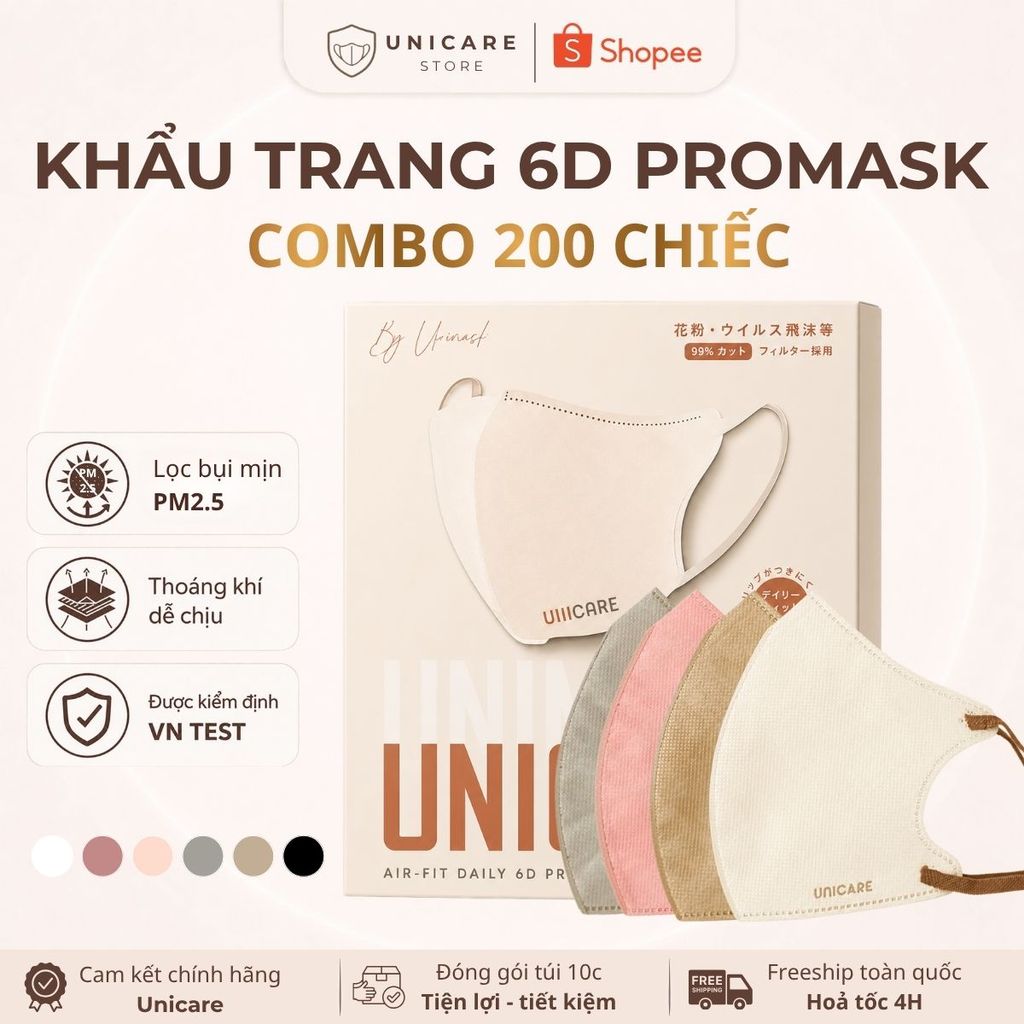 UNICARE Khẩu trang 6D Thùng 200 Chiếc Chính Hãng Kháng Khuẩn 3 Lớp, 6 Màu Thời Trang, Chống Bụi Mịn PM2.5 UNICARE Khẩu trang 6D Thùng 200 Chiếc Chính Hãng Kháng Khuẩn 3 Lớp, 6 Màu Thời Trang, Chống Bụi Mịn PM2.5