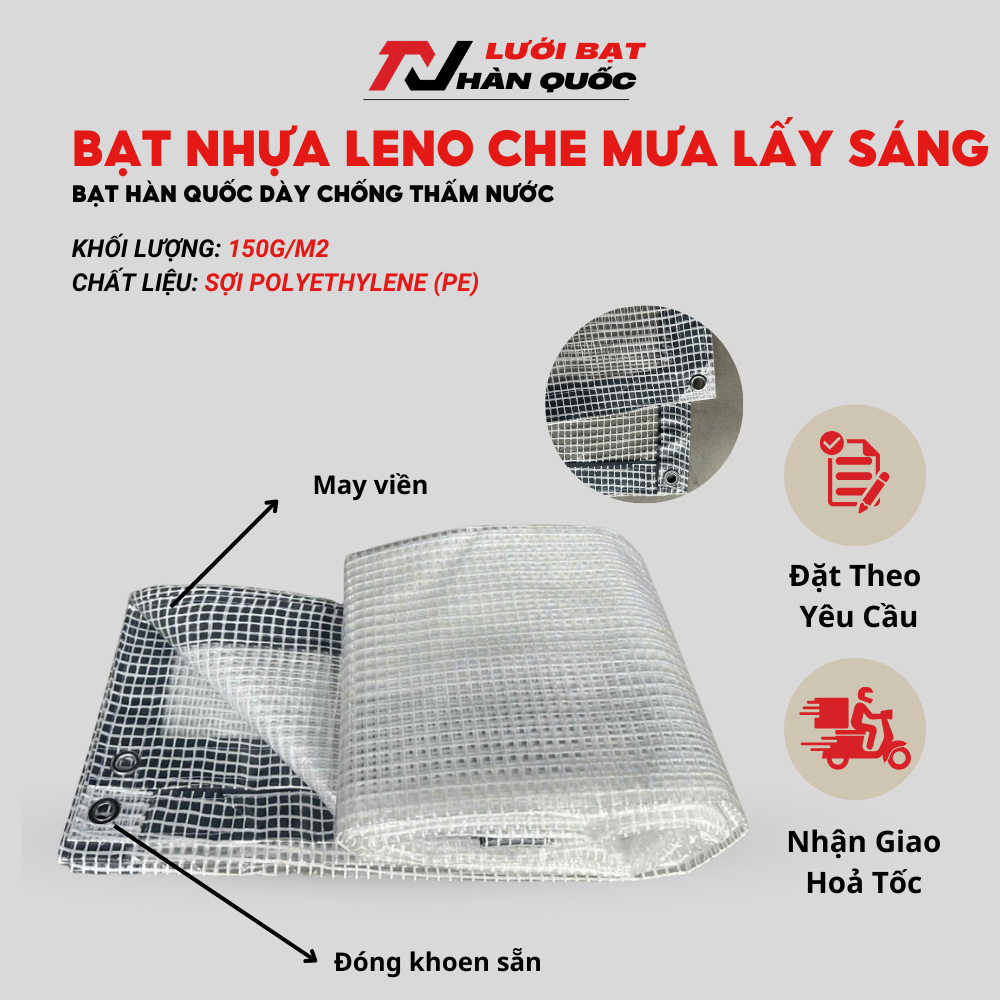 Bạt Nhựa Leno Hàn Quốc, Che Mưa Lấy Sáng 100% Siêu Bền Được May Viền Đóng Khoen Cẩn Thận Bạt Nhựa Leno Hàn Quốc, Che Mưa Lấy Sáng 100% Siêu Bền Được May Viền Đóng Khoen Cẩn Thận