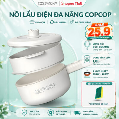 Nồi lẩu điện COPCOP 1.8L đa năng kèm khay hấp tiện lợi, nồi lẩu mini gia đình, bảo hành chính hãng 12 tháng