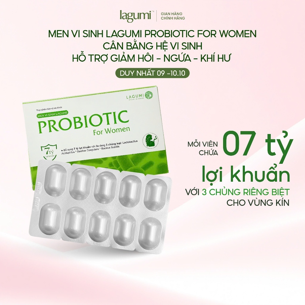 Men vi sinh phụ nữ LAGUMI PROBIOTIC bổ sung 7 tỷ lợi khuẩn, cân bằng pH và hệ khuẩn, hộp 10v Men vi sinh phụ nữ LAGUMI PROBIOTIC bổ sung 7 tỷ lợi khuẩn, cân bằng pH và hệ khuẩn, hộp 10v