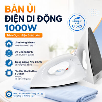 Bàn Là Khô Cầm Tay 1000W Xanh Trắng, Nóng Nhanh, Đế Chống Dính, Chống Quá Nhiệt, Đa Chế Độ Ủi Phẳng Khử Nhăn
