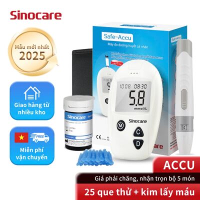 Mẫu Mới Máy Đo Đường Huyết Safe Accu Chính Hãng Sinocare Tặng Kèm Que và Kim
