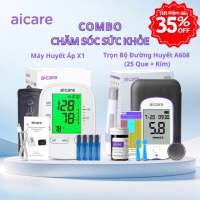 (X1+A608) Combo Máy Đo Huyết Áp AICARE X1 Và Trọn Bộ Máy Đo Đường Huyết AICARE A608 + Bút Chích + 25 Que Test, Tặng Kim