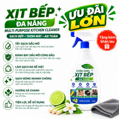 Nước Xịt Bếp Đa Năng Châu Anh Tẩy Sạch Dầu Mỡ Cứng Đầu Lò Chiên Mặt Kính Hương Xả Chanh Tươi Mát 500ml
