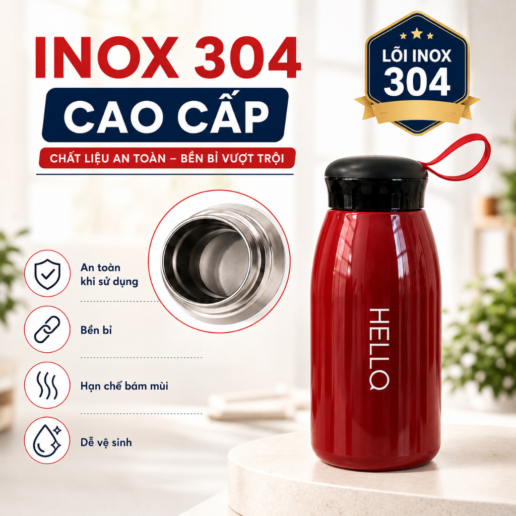Bình giữ nhiệt Hello, giữ nóng lạnh 12 tiếng, khắc tên theo yêu cầu, inox 304, không mùi, có 3 màu Bình giữ nhiệt Hello, giữ nóng lạnh 12 tiếng, khắc tên theo yêu cầu, inox 304, không mùi, có 3 màu