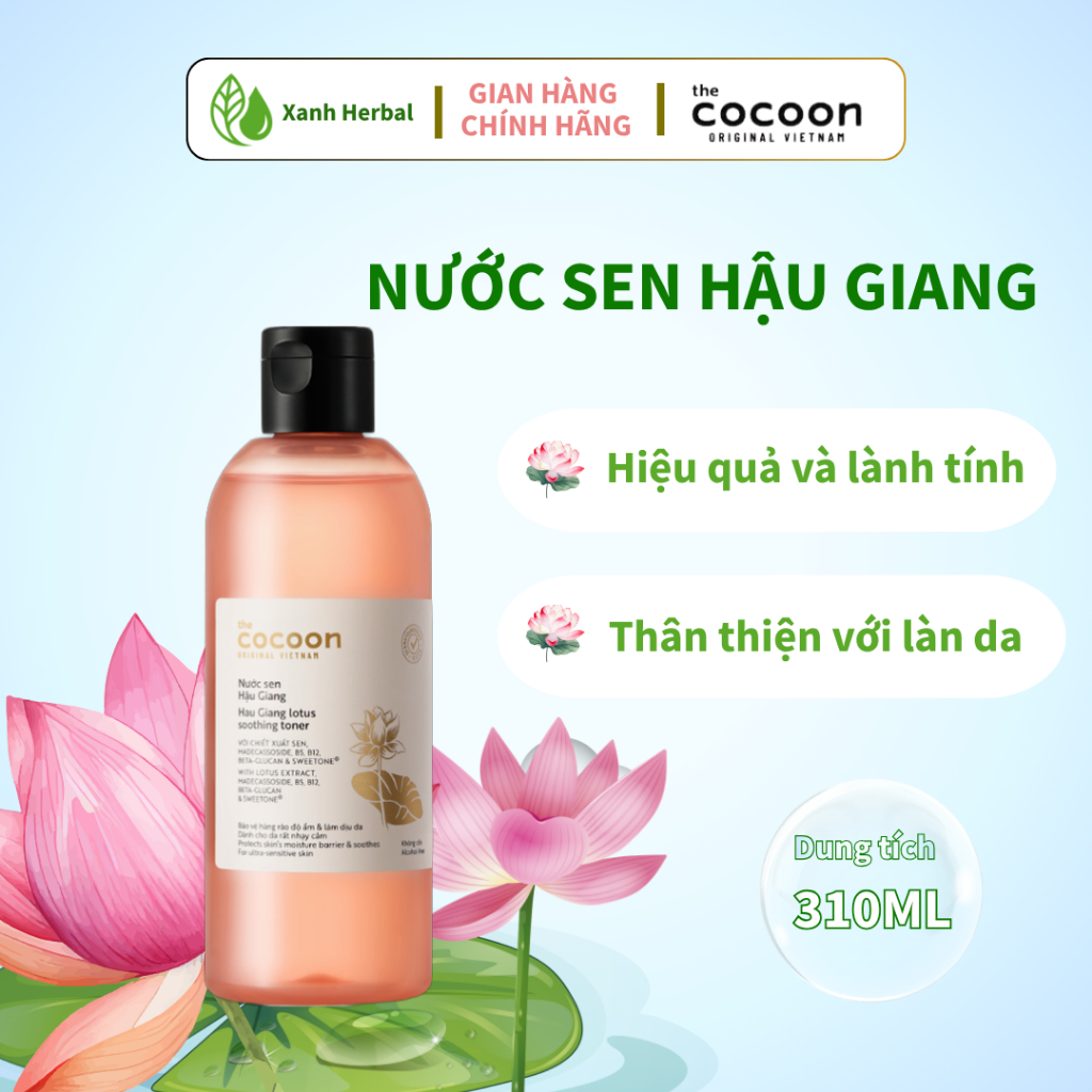Toner Sen Hậu Giang Cocoon 310ml - Cấp Ẩm, Làm Dịu Da, Giúp Da Mềm Sáng Mịn - Xanh Herbal Toner Sen Hậu Giang Cocoon 310ml - Cấp Ẩm, Làm Dịu Da, Giúp Da Mềm Sáng Mịn - Xanh Herbal