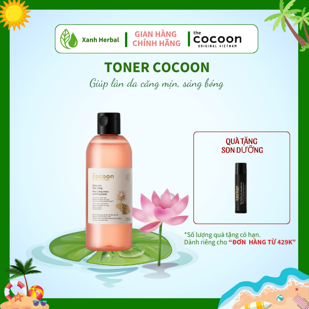 Toner Sen Hậu Giang Cocoon 310ml - Cấp Ẩm, Làm Dịu Da, Giúp Da Mềm Sáng Mịn - Xanh Herbal Toner Sen Hậu Giang Cocoon 310ml - Cấp Ẩm, Làm Dịu Da, Giúp Da Mềm Sáng Mịn - Xanh Herbal