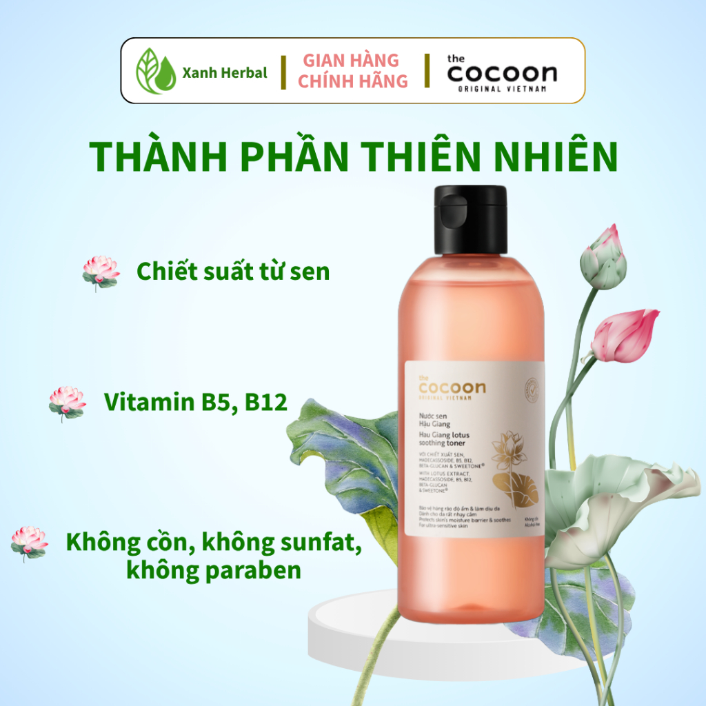 Toner Sen Hậu Giang Cocoon 310ml - Cấp Ẩm, Làm Dịu Da, Giúp Da Mềm Sáng Mịn - Xanh Herbal Toner Sen Hậu Giang Cocoon 310ml - Cấp Ẩm, Làm Dịu Da, Giúp Da Mềm Sáng Mịn - Xanh Herbal
