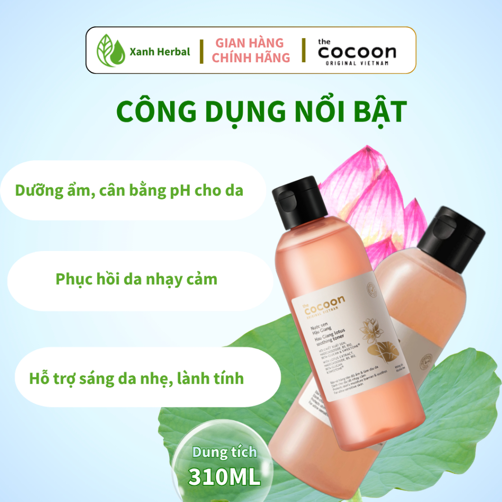 Toner Sen Hậu Giang Cocoon 310ml - Cấp Ẩm, Làm Dịu Da, Giúp Da Mềm Sáng Mịn - Xanh Herbal Toner Sen Hậu Giang Cocoon 310ml - Cấp Ẩm, Làm Dịu Da, Giúp Da Mềm Sáng Mịn - Xanh Herbal