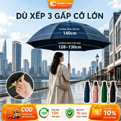 Ô Dù Gấp Gọn 130cm 12 Nan Thép Chắc Chắn, Gấp 3 Nhẹ Dễ Mang Theo, Che Mưa Chống Nắng UPF50+