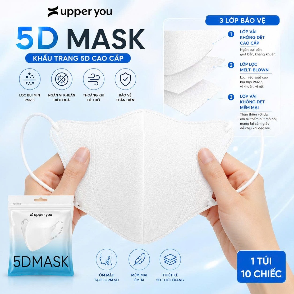 Khẩu Trang 5D Upper You Cao Cấp - Lọc Khuẩn Hiệu Quả Ôm Khít Thoáng Khí (1 Túi 10 Chiếc) - FM5D Khẩu Trang 5D Upper You Cao Cấp - Lọc Khuẩn Hiệu Quả Ôm Khít Thoáng Khí (1 Túi 10 Chiếc) - FM5D