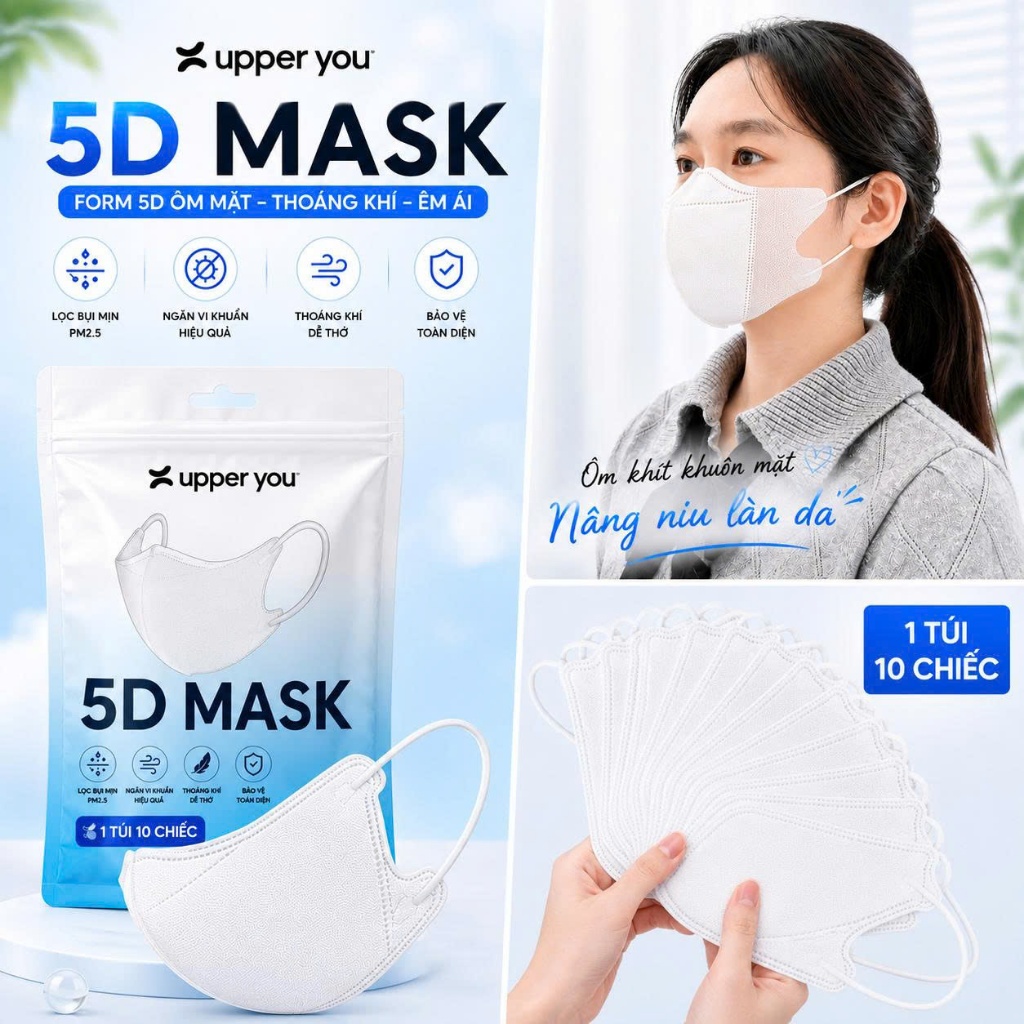 Khẩu Trang 5D Upper You Cao Cấp - Lọc Khuẩn Hiệu Quả Ôm Khít Thoáng Khí (1 Túi 10 Chiếc) - FM5D Khẩu Trang 5D Upper You Cao Cấp - Lọc Khuẩn Hiệu Quả Ôm Khít Thoáng Khí (1 Túi 10 Chiếc) - FM5D