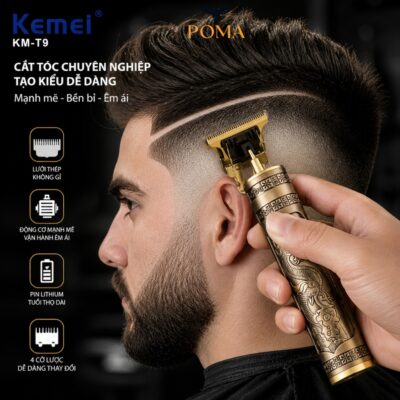 Tông đơ cắt tóc KEMEI T9 thiết kế nhỏ gọn, lưỡi dao sắc bén, chấm viện hiệu quả, thân máy kim loại