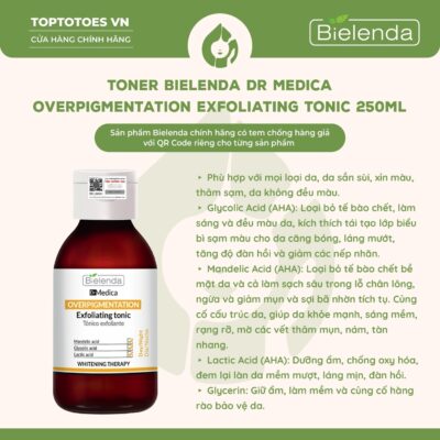 [HÀNG NHẬP KHẨU] Toner Bielenda Dr Medica Overpigmentation Exfoliating làm da căng bóng, sáng mịn, mờ thâm sạm 250ml QT