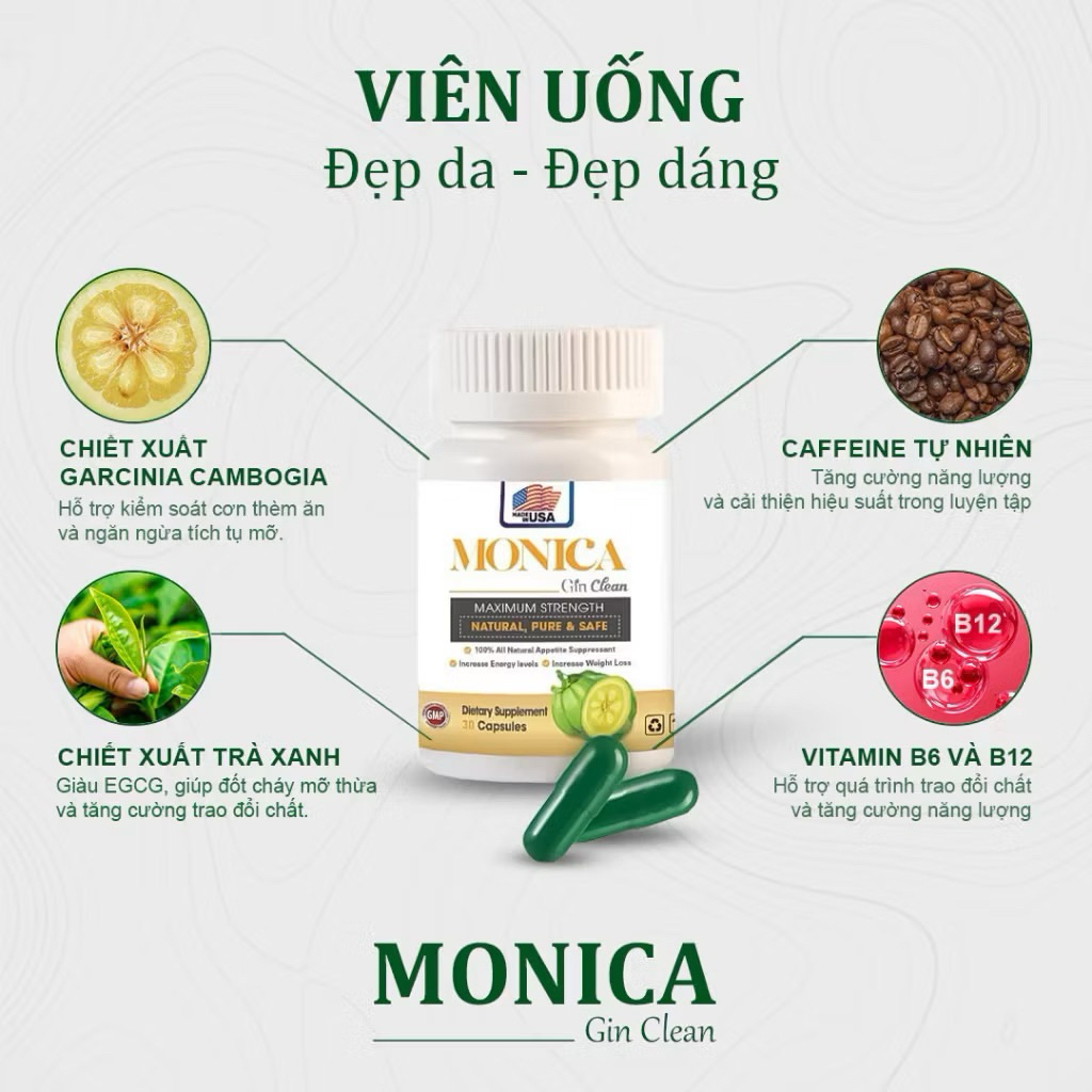 Đốt Mỡ Siết Cơ Gin Clean, Viên Uống Giảm Cân Monica Gin 30 Viên Mỹ Đốt Mỡ Siết Cơ Gin Clean, Viên Uống Giảm Cân Monica Gin 30 Viên Mỹ