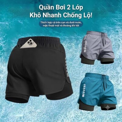 Quần đùi thể thao lưới khô nhanh unisex, đa năng  Có túi 2 lớp tiện lợi cho tập luyện, đạp xe và bơi lội