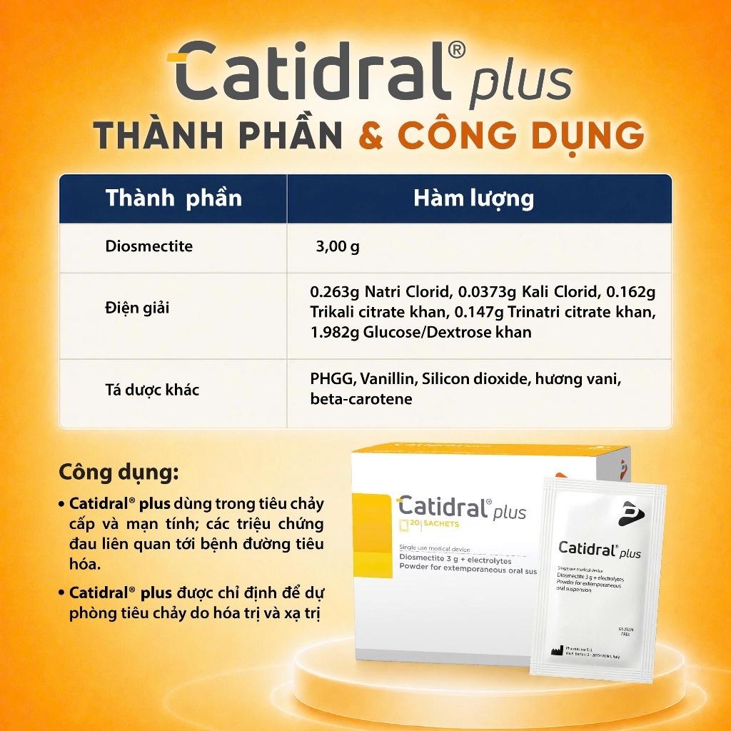 Catidral plus 20 Gói – Thiết Bị Y Tế Hỗ Trợ Kiểm Soát Tiêu Chảy Cấp & Mạn Tính, Bột Pha Hỗn Dịch Uống Catidral plus 20 Gói – Thiết Bị Y Tế Hỗ Trợ Kiểm Soát Tiêu Chảy Cấp & Mạn Tính, Bột Pha Hỗn Dịch Uống