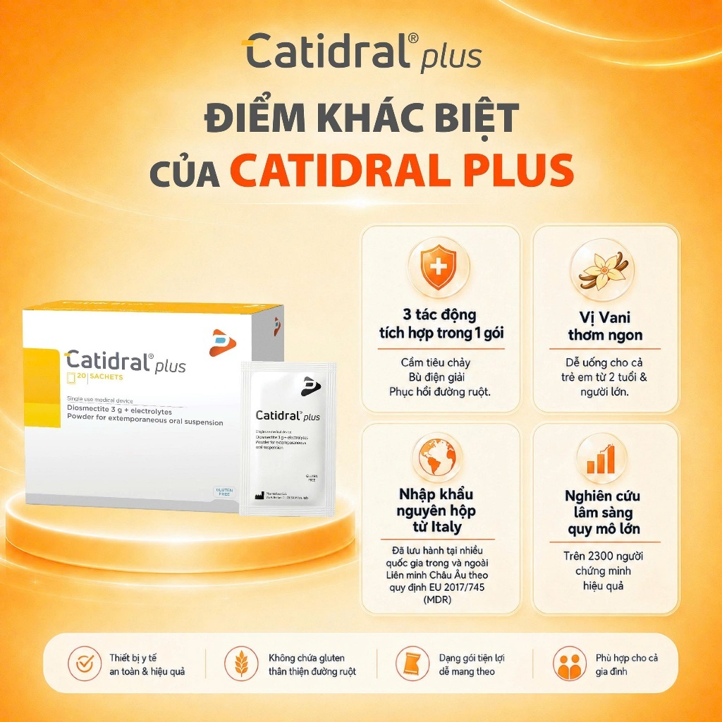 Catidral plus 20 Gói – Thiết Bị Y Tế Hỗ Trợ Kiểm Soát Tiêu Chảy Cấp & Mạn Tính, Bột Pha Hỗn Dịch Uống Catidral plus 20 Gói – Thiết Bị Y Tế Hỗ Trợ Kiểm Soát Tiêu Chảy Cấp & Mạn Tính, Bột Pha Hỗn Dịch Uống