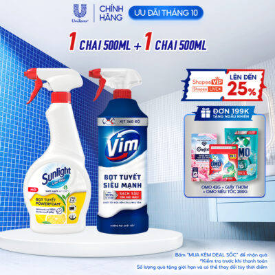 BỘ ĐÔI BỌT TUYẾT SIÊU MẠNH | Bọt tuyết lau bếp Sunlight POWERFOAM - Chai 500ml | Tẩy bồn cầu Vim Bọt tuyết - Chai 500ml