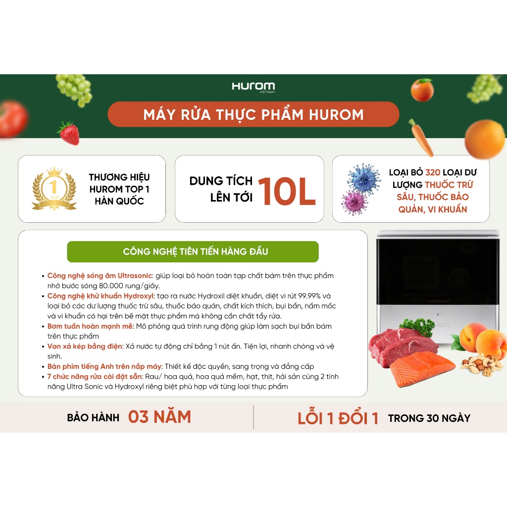 (Chính Hãng) Máy Rửa Thực Phẩm, Rau Củ Hurom Công Nghệ Siêu Âm – Bảo Hành 3 Năm (Chính Hãng) Máy Rửa Thực Phẩm, Rau Củ Hurom Công Nghệ Siêu Âm – Bảo Hành 3 Năm