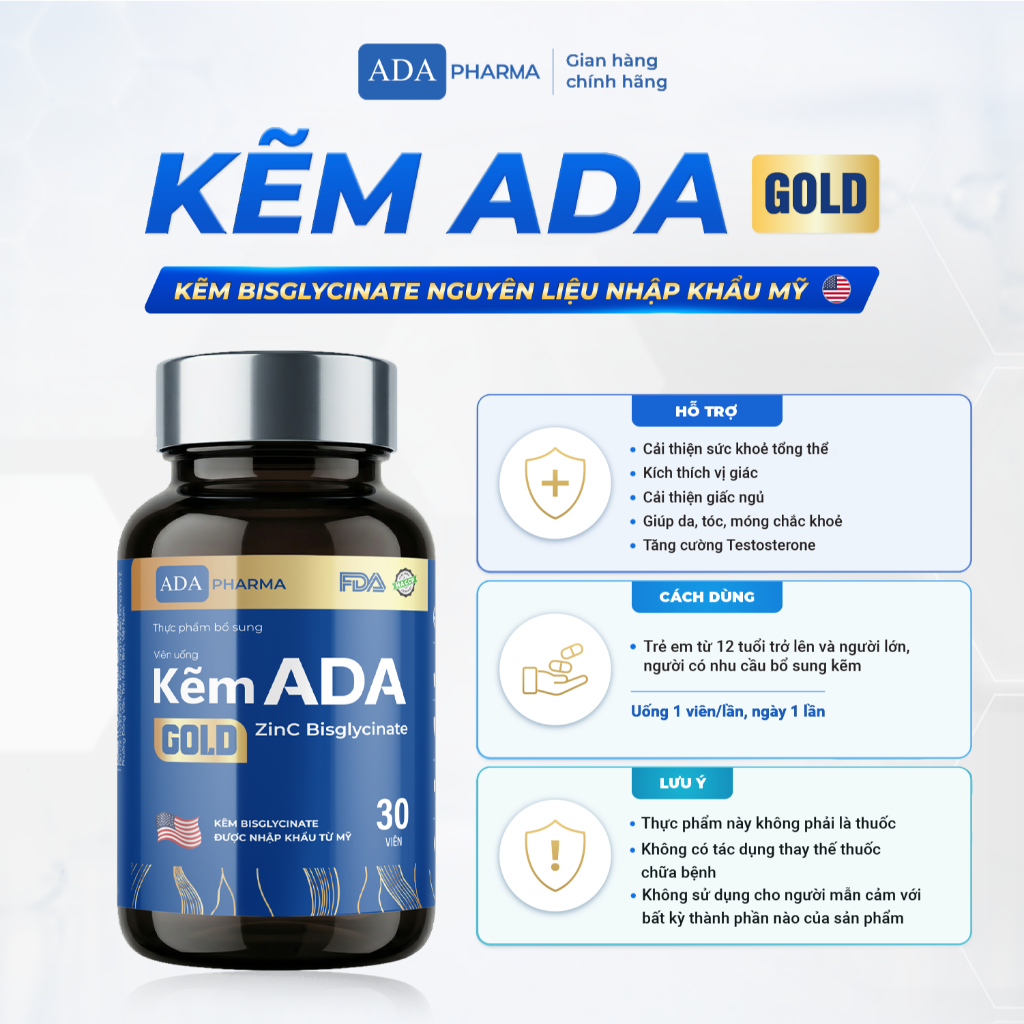 Kẽm ADA Gold - ứng dụng công nghệ ChelamaxBisglycinate với nguyên liệu từ Mỹ thêm Magie & Vitamin B. Kẽm ADA Gold - ứng dụng công nghệ ChelamaxBisglycinate với nguyên liệu từ Mỹ thêm Magie & Vitamin B.