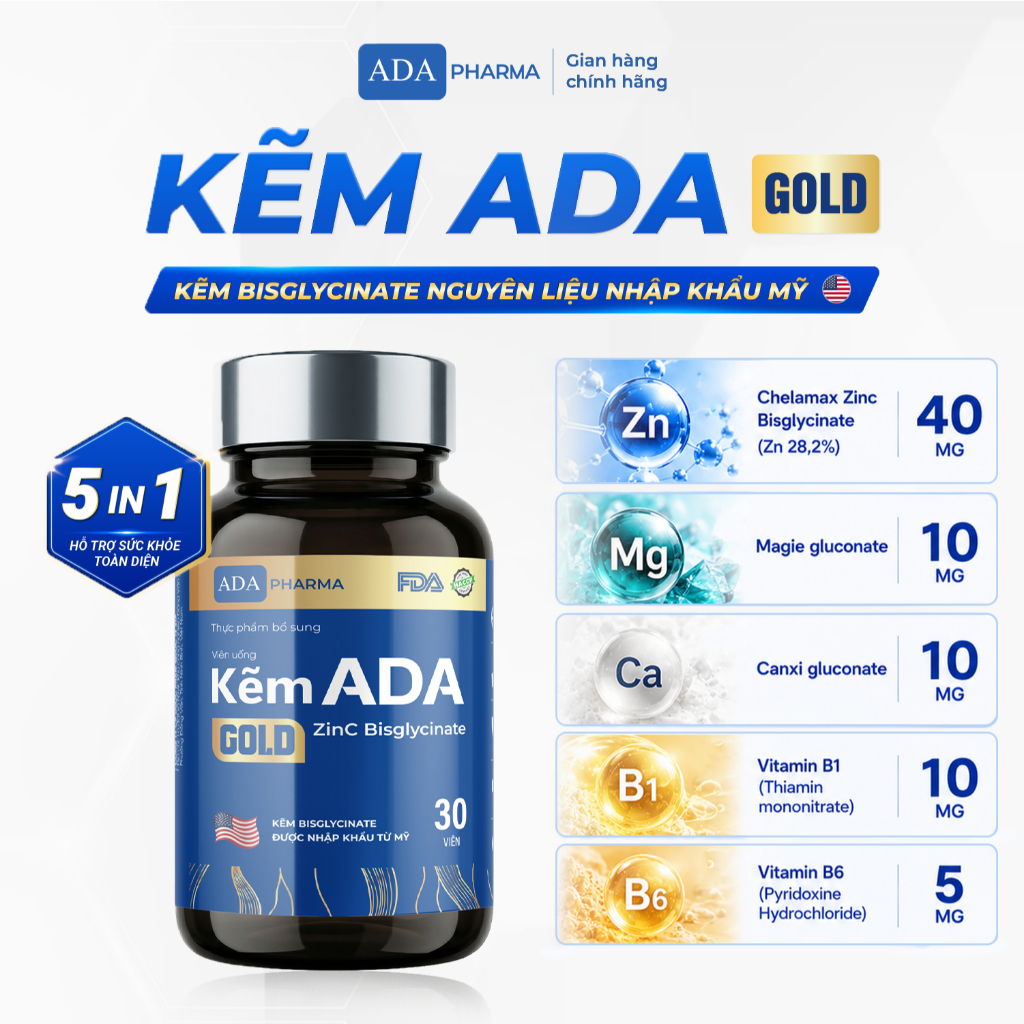 Kẽm ADA Gold - ứng dụng công nghệ ChelamaxBisglycinate với nguyên liệu từ Mỹ thêm Magie & Vitamin B. Kẽm ADA Gold - ứng dụng công nghệ ChelamaxBisglycinate với nguyên liệu từ Mỹ thêm Magie & Vitamin B.