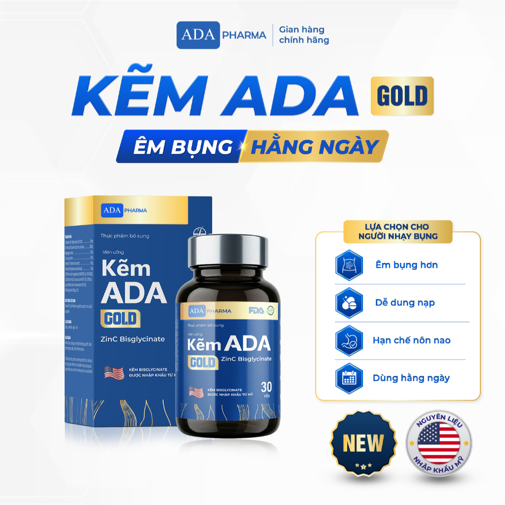 Kẽm ADA Gold - ứng dụng công nghệ ChelamaxBisglycinate với nguyên liệu từ Mỹ thêm Magie & Vitamin B. Kẽm ADA Gold - ứng dụng công nghệ ChelamaxBisglycinate với nguyên liệu từ Mỹ thêm Magie & Vitamin B.