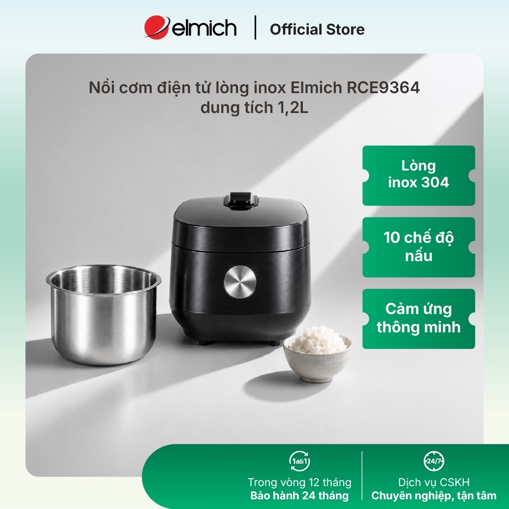 Nồi cơm điện tử lòng inox 304 liền khối Elmich RCE9364 dung tích 1,2L Nồi cơm điện tử lòng inox 304 liền khối Elmich RCE9364 dung tích 1,2L