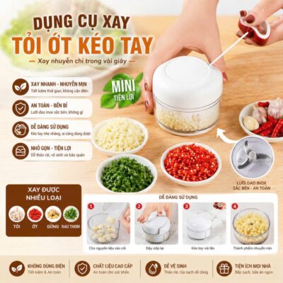 Máy Xay Tỏi Ớt Cầm Tay Mini Food Chopper, Dụng Cụ Xay Tỏi Ớt Dây Rút 2 Lưỡi Thép Không Gỉ Mini chop - Dụng cụ xay tỏi ớt